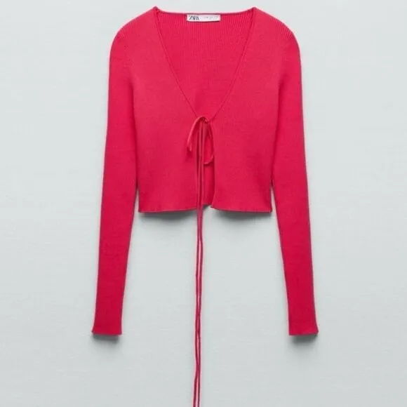 Zara Ribbed Tie Front Y2K Barbie Pink Cardigan Sweater