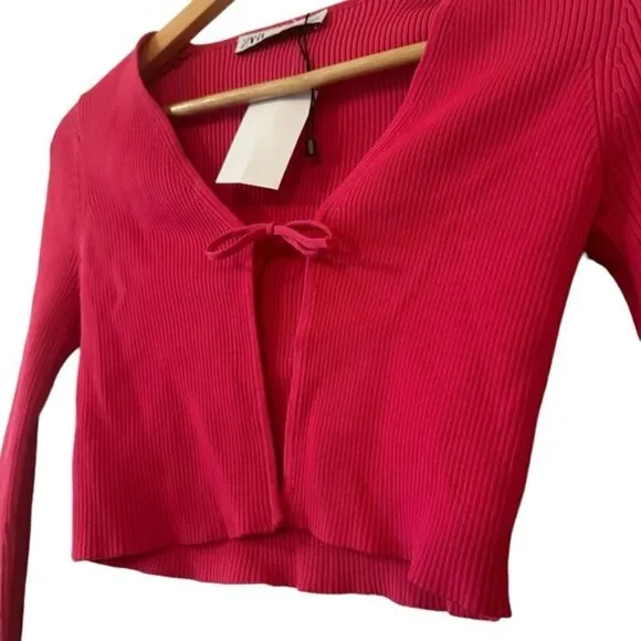 Zara Ribbed Tie Front Y2K Barbie Pink Cardigan Sweater